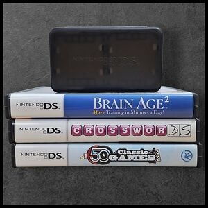 Nintendo DS Brain Age 2 Crosswords 50 Classic Games Lot Travel Cartridge Case